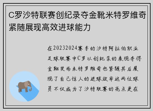C罗沙特联赛创纪录夺金靴米特罗维奇紧随展现高效进球能力